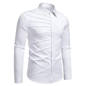 Men's long sleeve slim fit dress shirt with stylish asymmetric pleated chest design white.