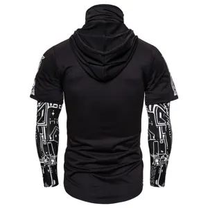 Men's Cyberpunk Ninja Style Hooded T-Shirt with Integrated Mask and Sleeve Print Black