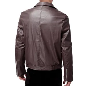 Men's brown leather jacket back detail, slim fit faux leather coat with zipper cuffs.