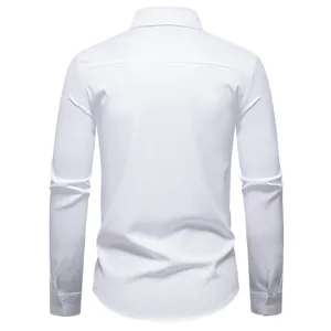 Back detail view of white men's long sleeve business casual shirt with clean stitching design.