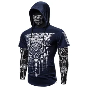 Men dark blue cyberpunk hooded short sleeve t-shirt with tech wear geometric graphic print.