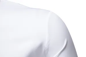 White mens dress shirt shoulder detail view, premium fabric texture and neat stitching design.