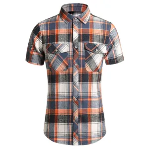 Men's short sleeve plaid shirt casual summer button down workwear utility top with pockets