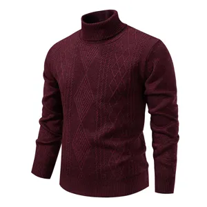 Men's Burgundy Turtleneck Cable Knit Sweater Thickened Warm Casual Winter Pullover Top