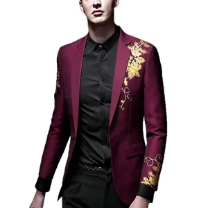 Men's slim-fit casual suit jacket featuring luxurious gold-stamped floral print in burgundy.