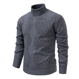 Men's winter thick warm turtleneck sweater classic cable knit pullover thermal top dark grey