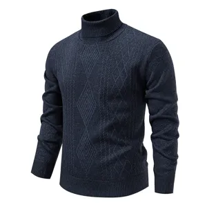 Men's dark blue turtleneck knit sweater with classic diamond cable pattern for winter.