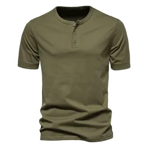 Detailed view of the military green men's short sleeve Henley shirt showcasing fabric texture.