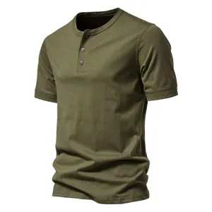 Men's solid color short sleeve Henley t-shirt casual summer cotton top army green basic tee