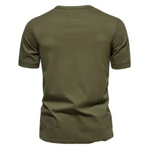 Detail view of men's solid army green short sleeve t-shirt back side, casual cotton top.