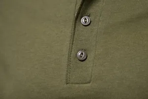 Men's solid color Henley short sleeve t-shirt detail showing premium fabric and buttons.