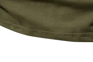 Men's casual solid color cotton t-shirt fabric and bottom hem stitching close-up view.