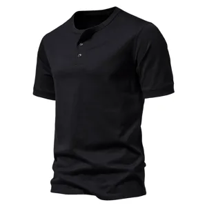 Men's black short sleeve henley t-shirt detail view, soft cotton casual summer top.