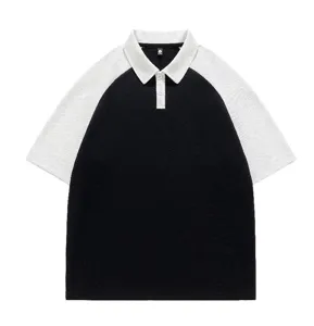 Summer contrast color short sleeve polo shirt, casual loose fit patchwork top for couple wear.