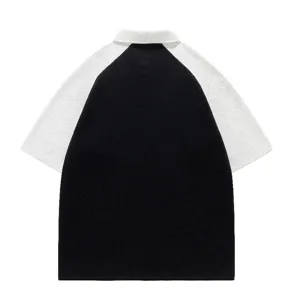 Mens summer contrast color short sleeve polo shirt casual knit pullover detail view