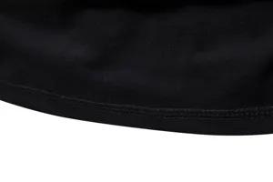 Close-up detail of the black mens t-shirt hem, showing durable double-needle stitching quality.