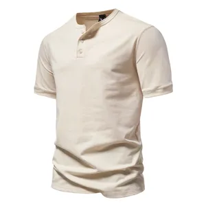 Men's casual solid color Henley short sleeve t-shirt detail view, comfortable cotton fabric.