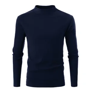 Detailed view of the solid dark blue mock neck long sleeve thermal t-shirt for daily wear.