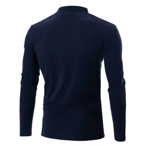 Detailed back view of mens solid navy mock neck thermal long sleeve t-shirt base top.