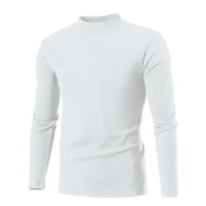 Detailed view of the white mock neck long sleeve thermal t-shirt showing collar and fabric.
