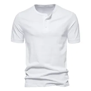 Men's solid white short sleeve Henley t-shirt with button placket detail and breathable cotton.