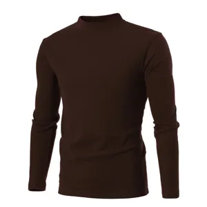 Brown mock turtleneck long sleeve t-shirt, casual basic solid color autumn top wear.