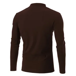 Back view detail of a solid dark brown thermal mock neck long sleeve top, clean fit design.