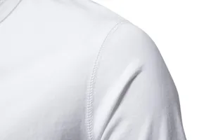 Men solid color white short sleeve t-shirt shoulder detail fabric close up view knitwear
