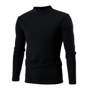 Detailed view of the black mock neck long sleeve thermal t shirt fabric texture.