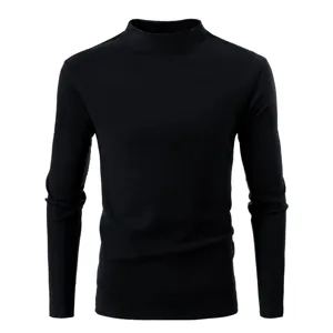 Black mock neck long sleeve thermal t-shirt basic top detail view for autumn winter