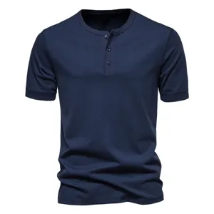 Men's solid color Henley short sleeve T-shirt, casual summer cotton knit top detail.