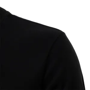 Black thermal long sleeve shirt detail, soft fabric close-up showing shoulder seam and fit.