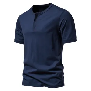 Close-up detail of mens dark blue short sleeve henley t-shirt with button placket.