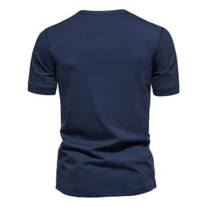 Detailed back view of a solid navy blue men's short sleeve t-shirt for summer wear.