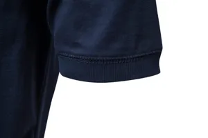 Men's navy blue t-shirt short sleeve cuff detail close up, soft ribbed fabric
