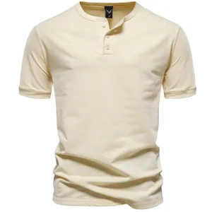 Men's solid color Henley short sleeve casual summer cotton T-shirt top apparel.
