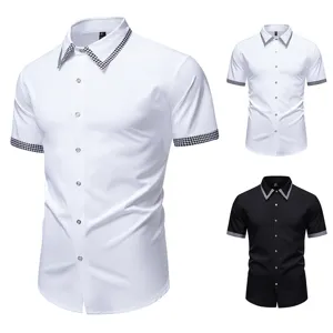 Camicia casual a maniche corte da uomo con colletto e polsini a contrasto pied de poule.