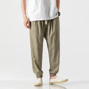 Men's linen casual harem pants summer breathable loose trousers with elastic cuffs main view.