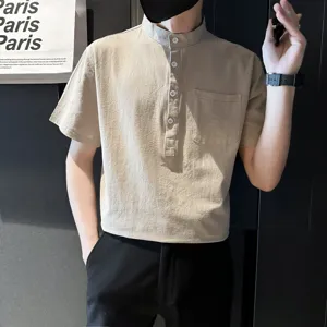 Men's summer short sleeve shirt mandarin collar casual cotton linen khaki top with pocket