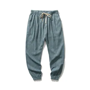 Men's Casual Harem Pants Breathable Linen Drawstring Elastic Waist Summer Blue Pants