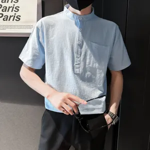 Men's summer short sleeve linen shirt mandarin collar casual button down top solid color
