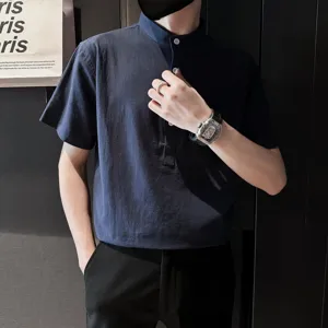 Men's Summer Linen Short Sleeve Mandarin Collar Shirt Casual Button Up Solid Dark Blue Top