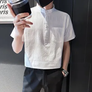 Men's short-sleeve cotton linen shirt mandarin collar casual summer breathable top