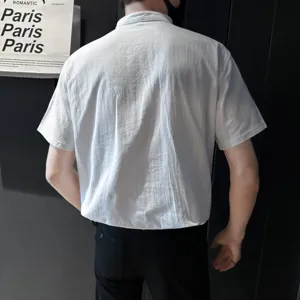 Men casual short sleeve mandarin collar linen shirt summer solid color breathable top back view