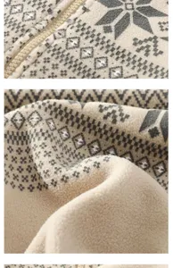 Men's ethnic fleece jacket detail view, showing cozy sherpa texture and geometric winter print.