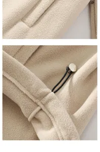 Men's fleece hoodie jacket detail view, soft beige fabric with drawstring and metal buckle.