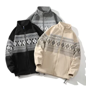 Mens winter fleece jacket casual full zip ethnic snowflake printed outerwear warm comfortable coat