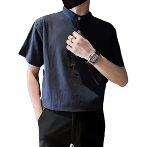 Men's summer short sleeve cotton linen shirt mandarin collar casual top stylish apparel.