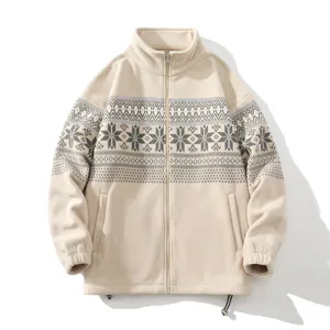Men's winter casual fleece zip-up jacket with ethnic snowflake pattern stand collar