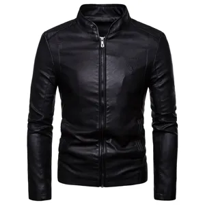 Veste en Cuir PU à Col Montant pour Homme Coupe Ajustée Manteau de Moto en Similicuir Casual Coupe-Vent pour Automne Hiver